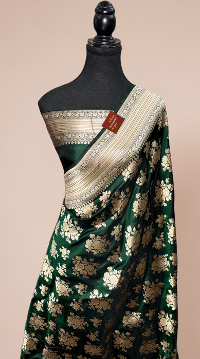 Bottle Green Pure Katan Banarasi Handloom Saree - Buta work