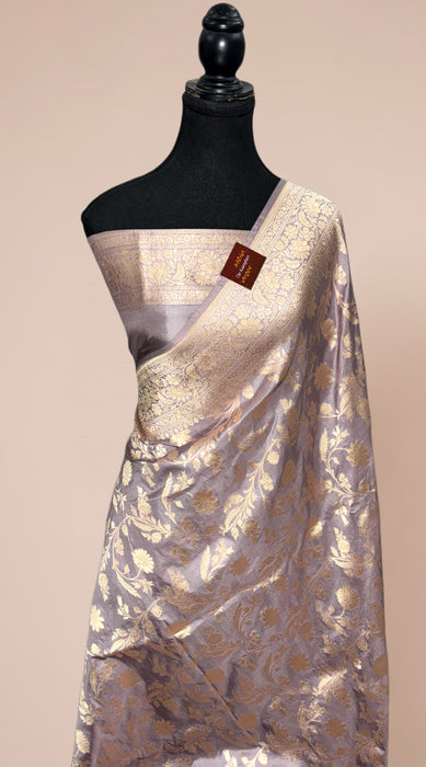 Sand Gray Pure Katan Banarasi Handloom Saree - Jaal work