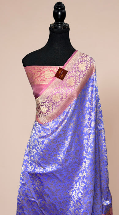 Light Blue Pure Katan Banarasi Handloom Saree - Jaal work with Satin Border