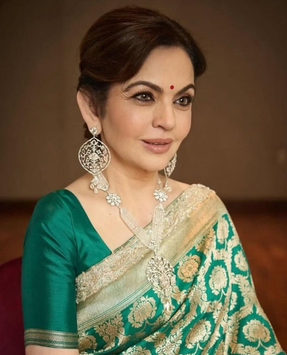 Nita Ambani Green Pure Katan Banarasi Handloom Saree - Jaal work