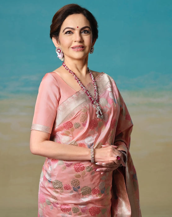 Nita Ambani Pink Katan Banarasi Handloom Saree - Kadiyal Sona Roopa Meenakari