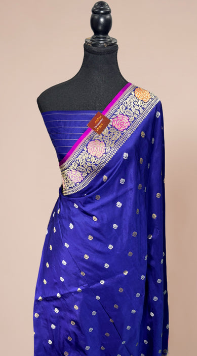 Navy Blue Pure Katan Banarasi Handloom Saree - Meenakari Kadiyal Motifs