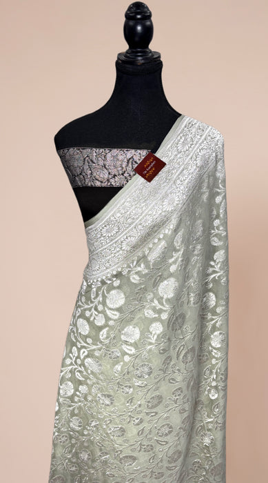 Persian Gray Pure Khaddi Georgette Banarasi Saree - Silver Zari