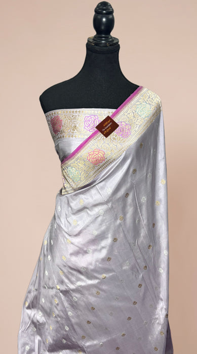 Cloudy Gray Pure Katan Banarasi Handloom Saree - Meenakari Kadiyal Motifs