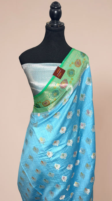Persian Blue Pure Soft Silk Chiniya Banarasi Handloom Saree - Meenakari