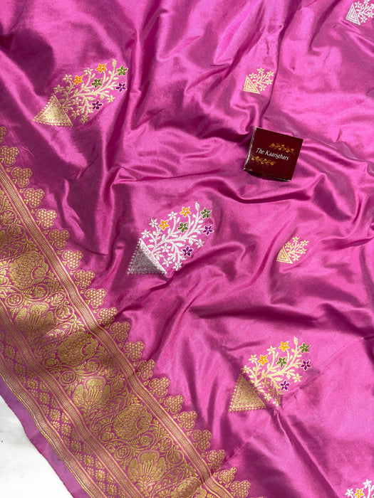 Pink Pure Katan Banarasi Handloom Saree - Meenakari Kadiyal Motifs