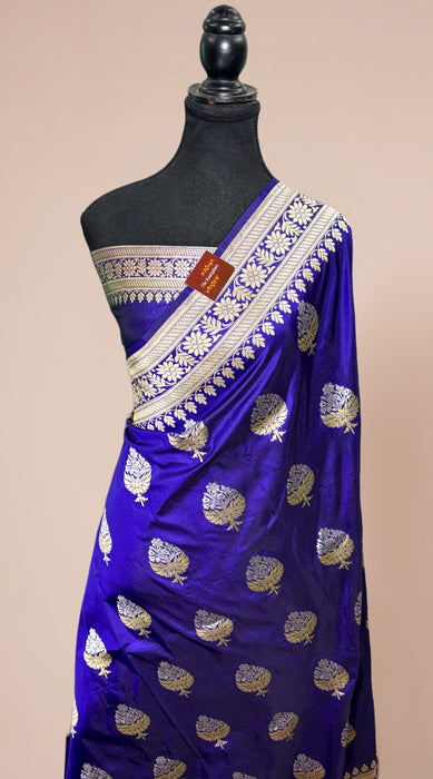 Italian Blue Pure Katan Silk Banarasi Handloom Saree - Sona Roopa Jaal work
