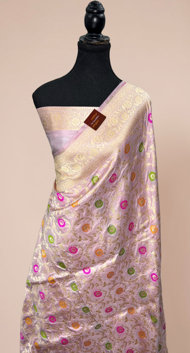 Pastel Pink Pure Katan Banarasi Handloom Saree - Meenakari Work
