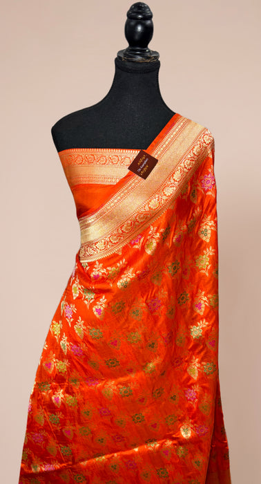Orange Pure Katan Banarasi Handloom Saree - Meenakari Work