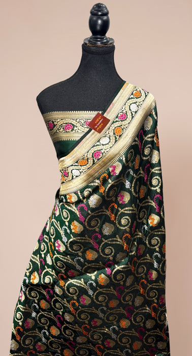 Bottle Green Pure Katan Banarasi Handloom Saree - Meenakari Work