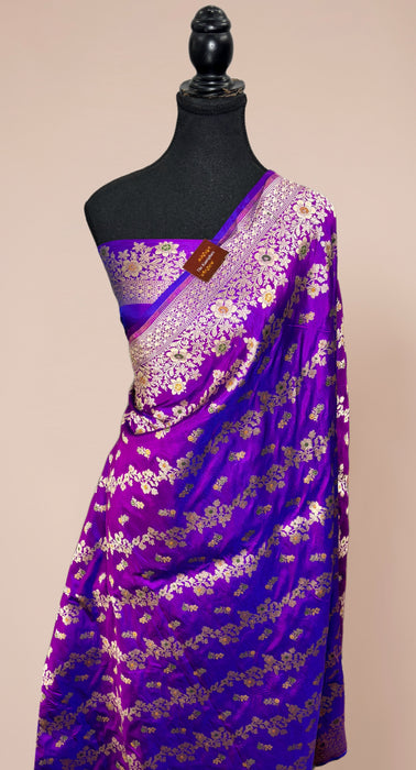 Dual shade Purple German Green Pure Katan Banarasi Handloom Saree - Meenakari Work