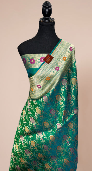 German Green Pure Katan Banarasi Handloom Saree - Meenakari Work