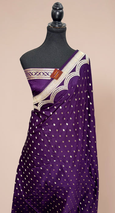 Dark Purple Pure Satin Banarasi Handloom Saree