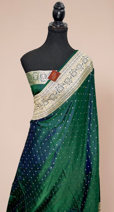 Dual Shade Bottle Green Pure Satin Banarasi Handloom Saree