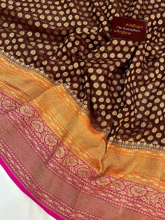3D Khaddi Georgette Banarasi Handloom Saree - Antique Zari