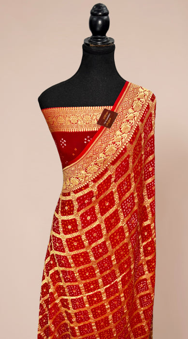 Red Pure Khaddi Georgette Bandhani Banarasi Saree