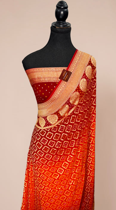 Orange Pure Khaddi Georgette Bandhani Banarasi Saree