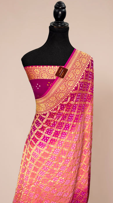 Pink Pure Khaddi Georgette Bandhani Banarasi Saree