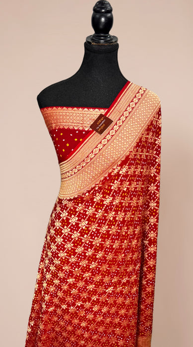 Red Pure Khaddi Georgette Bandhani Banarasi Saree