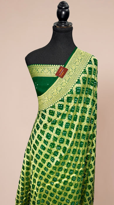 Green Pure Khaddi Georgette Bandhani Banarasi Saree