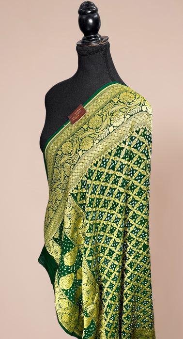 Green Pure Georgette Bandhani Banarasi Handloom Dupatta