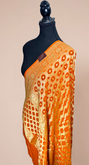 Orange Pure Georgette Bandhani Banarasi Handloom Dupatta