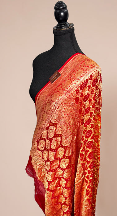 Red Pure Georgette Bandhani Banarasi Handloom Dupatta