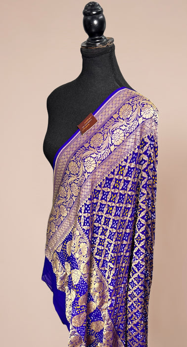 Purplish Blue Pure Georgette Bandhani Banarasi Handloom Dupatta