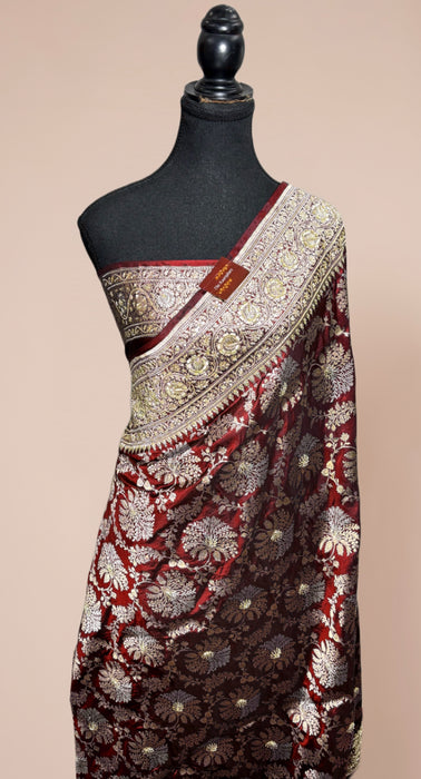 Maroon Pure Katan Banarasi Handloom Saree - With Sarowski and Zardozi Work