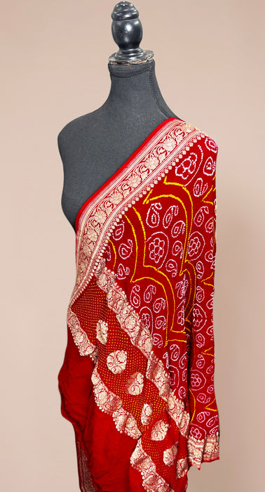 Red Pure Georgette Bandhani Banarasi Handloom Dupatta