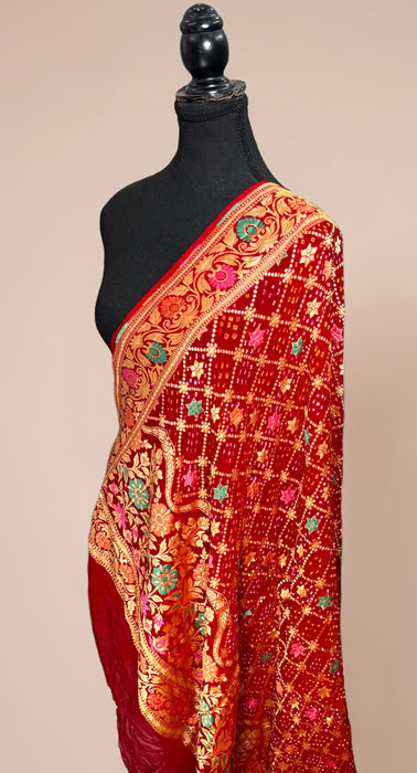 Red Pure Georgette Bandhani Banarasi Handloom Dupatta