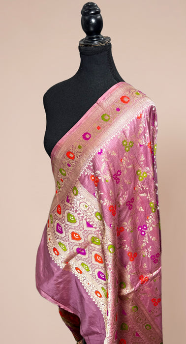 Onion Pink Pure Katan Silk Banarasi Handloom Dupatta - Meenakari