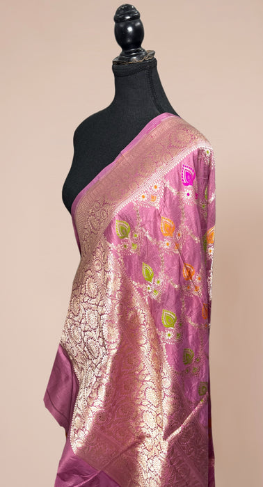 Onion Pink Pure Katan Silk Banarasi Handloom Dupatta - Meenakari
