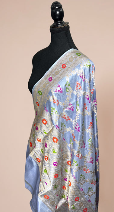 Powder Blue Pure Katan Silk Banarasi Handloom Dupatta - Meenakari