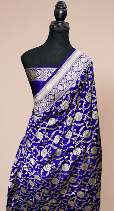 Royal Blue Pure Katan Silk Banarasi Handloom Saree - Jaal Work