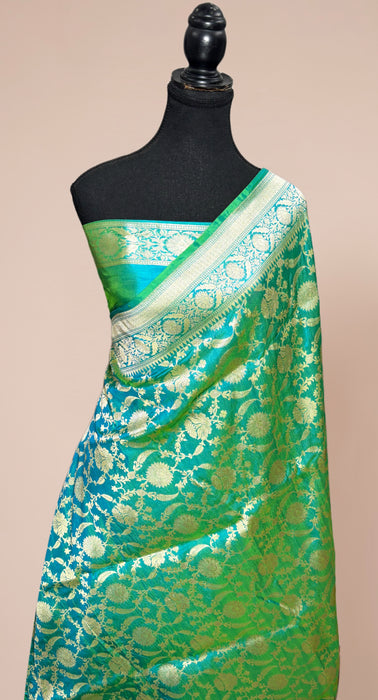 Dual Shade German Green Pure Katan Silk Banarasi Handloom Saree - Jaal Work