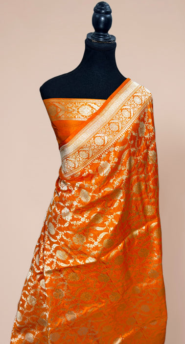 Orange Pure Katan Silk Banarasi Handloom Saree - Kadhwa Motifs