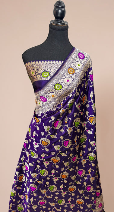 Dark Purple Green Pure Katan Banarasi Handloom Saree - Meenakari Work