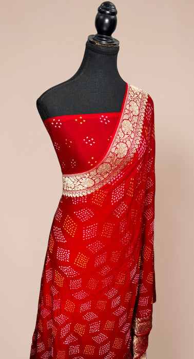 Handwoven Red Pure Georgette Bandhani Banarasi Saree - All over Bandhani Work