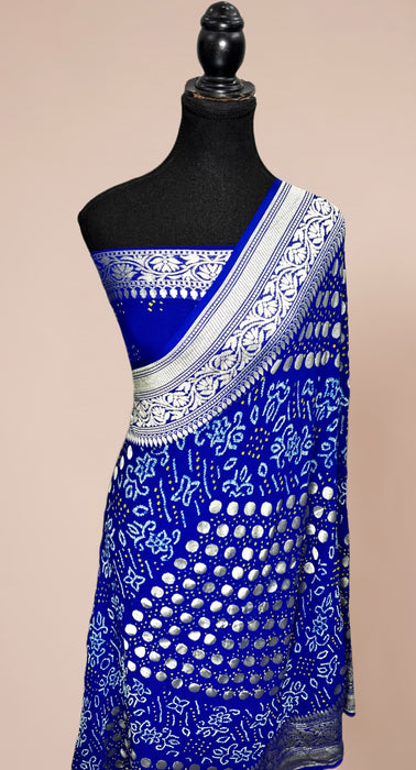 Handwoven Blue Pure Georgette Bandhani Banarasi Saree - All over Bandhani Work