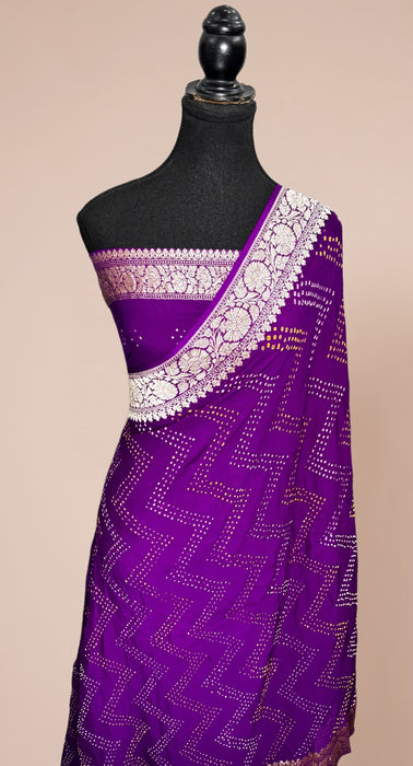 Handwoven Purple Pure Georgette Bandhani Banarasi Saree - All over Bandhani Work