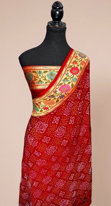 Handwoven Red Pure Georgette Bandhani Banarasi Saree - All over Bandhani Work
