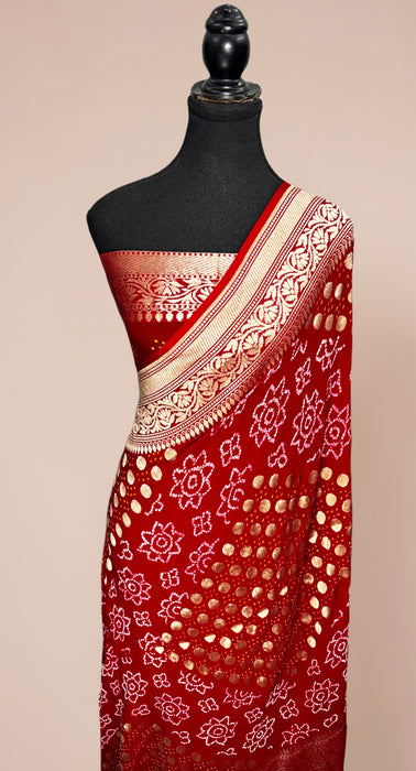 Handwoven Red Pure Georgette Bandhani Banarasi Saree - All over Bandhani Work