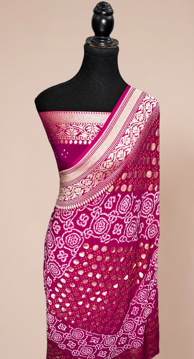 Handwoven Rani Pure Georgette Bandhani Banarasi Saree - All over Bandhani Work