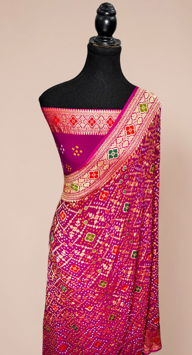 Handwoven Rani Pure Georgette Bandhani Banarasi Saree - Meenakari Work