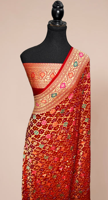 Handwoven Red Pure Georgette Bandhani Banarasi Saree - Meenakari Work