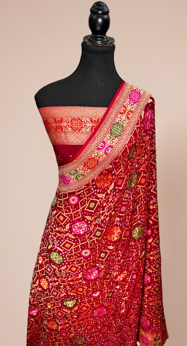 Handwoven Red Pure Georgette Bandhani Banarasi Saree - Meenakari Work