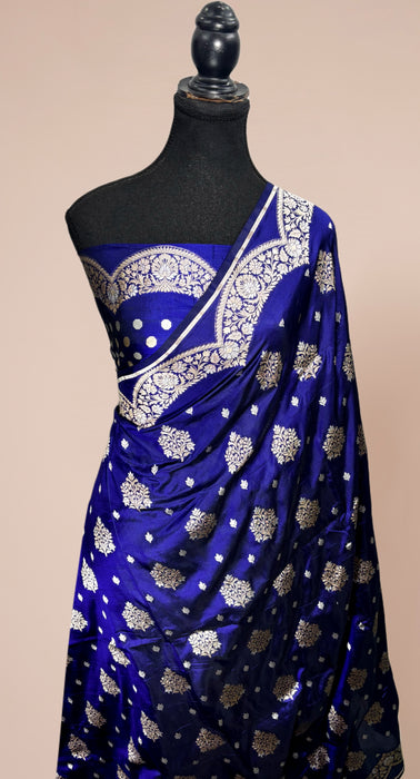 Navy Blue Pure Katan Banarasi Handloom Saree - Sona Roopa motifs