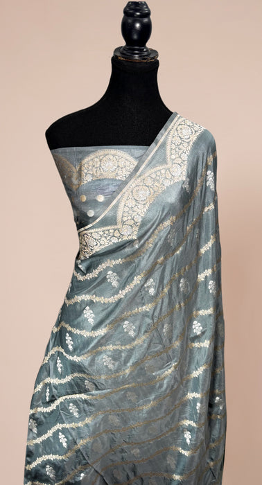 Gray Pure Katan Banarasi Handloom Saree - Sona Roopa motifs