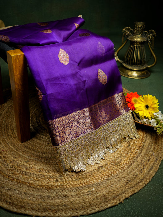 Purple Pure Kora Banarasi Handloom Saree - Antique Zari and Designer Border
